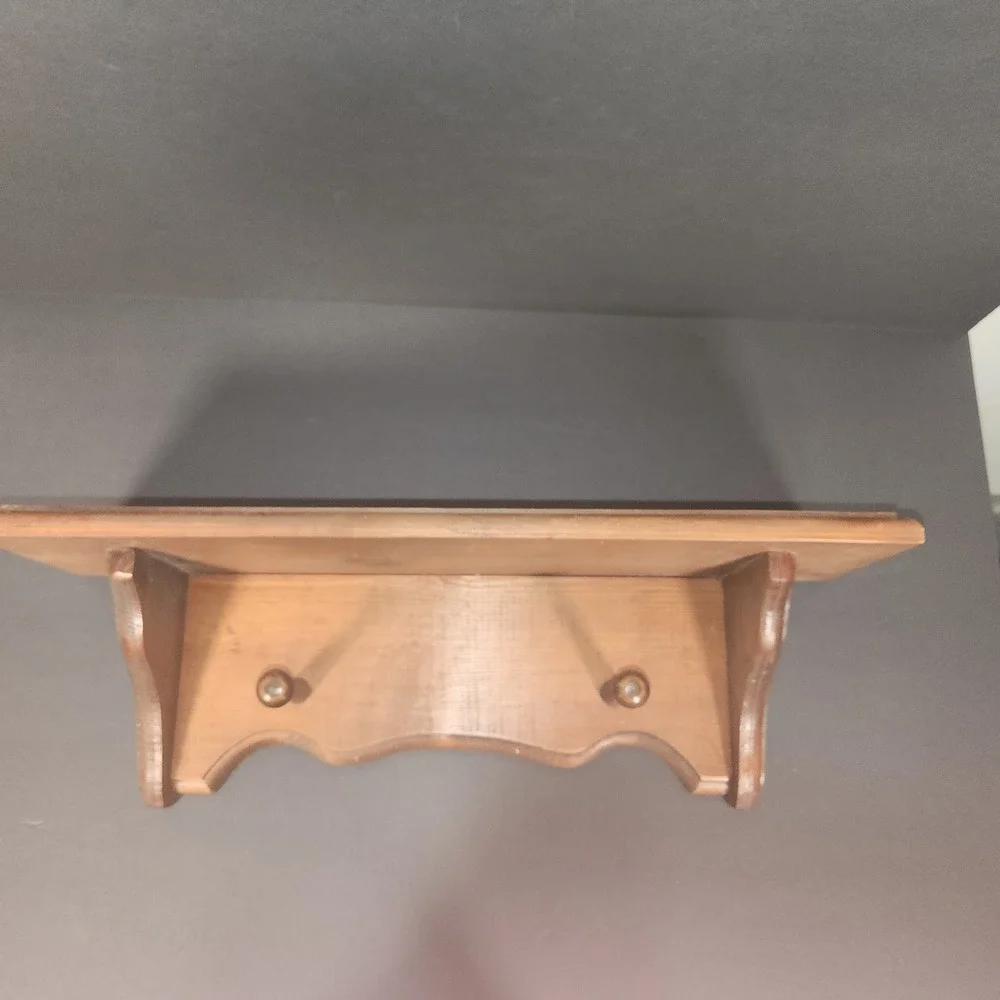 UNBRANDED Wood Wall Shelf OS Brown Peg Hooks Vintage Rustic Decor Cottage Farm